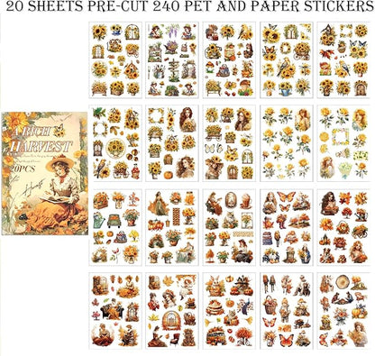 Scrapbook Stickers 20 Sheets 240 Pre-Cut Washi Stickers for Journaling PET Transparent Book Sticker Sunflower Sticker Decorative or DIY Paper Crafts, Arts and Crafting Projects
