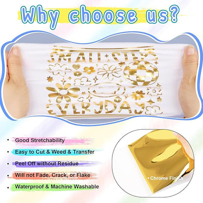 VINYL FROG Metallic Foil HTV Vinyl Roll 12" x12ft Gold Chrome Heat Transfer Vinyl Iron on Vinyl Easy to Cut & Weed DIY Heat Press Design for T-Shirts
