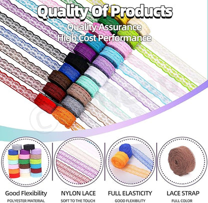 Swpeet 20 Rolls in Total 200 Yards 2.2cm×10 Yards Colorful Lace Ribbon Unilateral Floral Pattern Fabric Lace Ribbon, Lace Trim Ribbon Crafting Lace for Wedding Decorating, Sewing Gift Wrapping