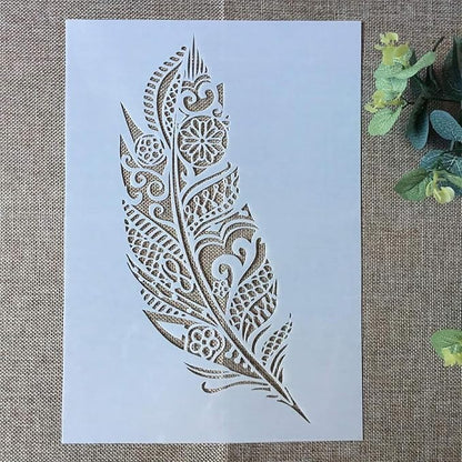 TIAMECH A4 Mandala Feather Stencil for Painting on Wood Reusable Big Feather Layering Stencil DIY Scrapbook Coloring Decorative Size 8.3 x 11.7inch Template