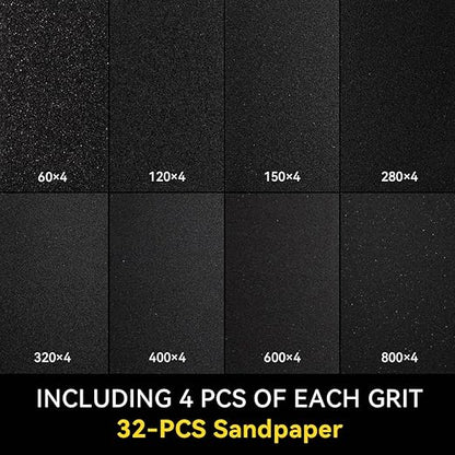 32 PCS Sandpaper 60/120/150/280/320/400/600/800 Grit Wet Dry Sandpaper Assortment 9x3.6 Inch Hand Sanding Sheets for Automotive Sanding,Furniture Finishing,Wood Turing Finishing.