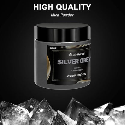 Silver Mica Powder Pigment (100g) -Cosmetic Grade Metallic Mica Powder for Epoxy Resin, Lip Gloss, Soap,Candle Making,Bath Bombs,Tumblers, Jewelry, Dyes, and DIY Crafting Projects(Silver Grey, 3.5oz)