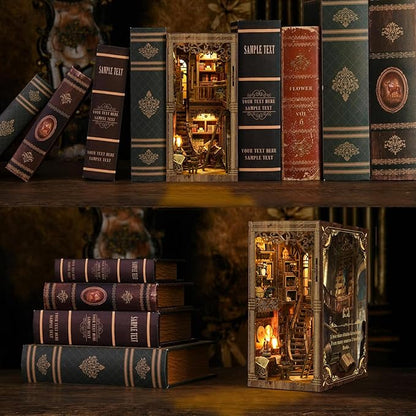 Book Nook Kit for Adult Miniature Model Build Dollhouse Kit 3D Wooden Puzzle with Sensor Led Light for Bookshelf Bookend Insert Decor Adults Teen Crafts(Classical Book Collection Room)