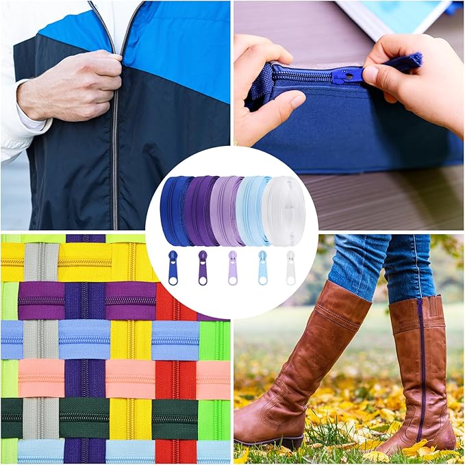 DOITEM 15.3 Yards/ 14 m 5 Pieces Assorted Colors #3 Nylon Coil Zippers, Sewing Zippers Endless Zips with 20 Pieces Zipper Sliders Zip Heads for DIY Sewing Tailor Craft Supplies (Purple Blue White)