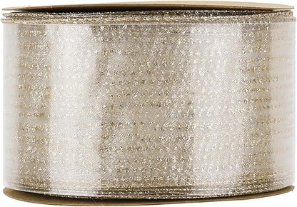 MEEDEE Champagne Gold Wired Ribbon - 2.5 Inch Horizontal Stripes Polka Dot Christmas Ribbon Organza Sheer Glitter - 25 Yards for Christmas Tree, Wreath Bow