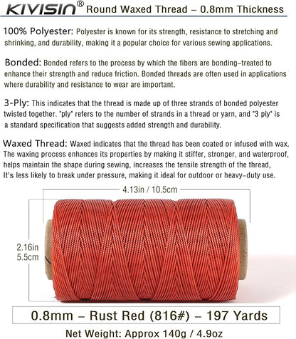 Bonded 0.8mm Round Waxed Polyester Cord, 3-ply Wax Coated Thread, 197 Yards Stiff String for Heavy Duty Fabric, Leather Sewing, Book Binding, Upholstery Repair, and Macrame Jewelry - Rust Red