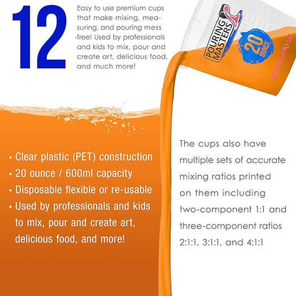 Pouring Masters 20 Ounce (600ml) Graduated Plastic Mixing Cups (Box of 12) - Paint Mixing Cups for Epoxy Resin, Art, Kitchen, Baking - Measurements in OZ and ML, 4 Different Measuring Ratios 1:1