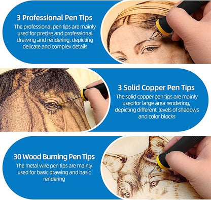 LH55-Z2-NS3 wood burning pen Wood Burning Tool Pen 200~750℃, Wood Burning kit with Digital Thermometer,3 pyrographic Wood Burning pens, 3 solid copper pen tips, 33 Wood Burning Pen Tips