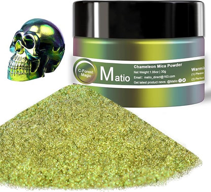 Matio Chameleon Mica Powder, 1.06oz/ 30g Forest Magic Chrome Powder, Pearlescent Effect Color Shift Pigment for Resin Craft, Soap Candle Dye, Nail Art, Makeup, Bath Bomb, Paint, Slime Pigment