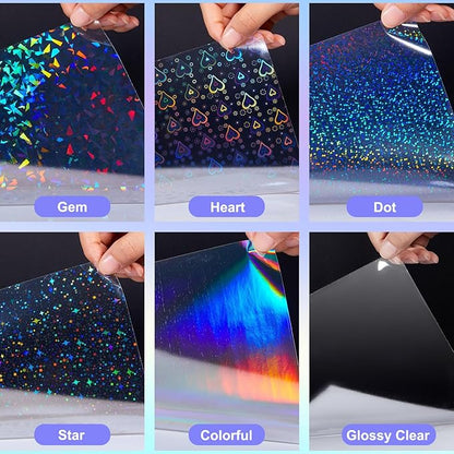 Clabby 36 Sheets Holographic Sticker Paper A4 Vinyl Sticker Paper Self Adhesive Waterproof Transparent Film, 11.7 x 8.3 inches (Gem, Dot, Colorful, Star, Heart, Glossy Clear)