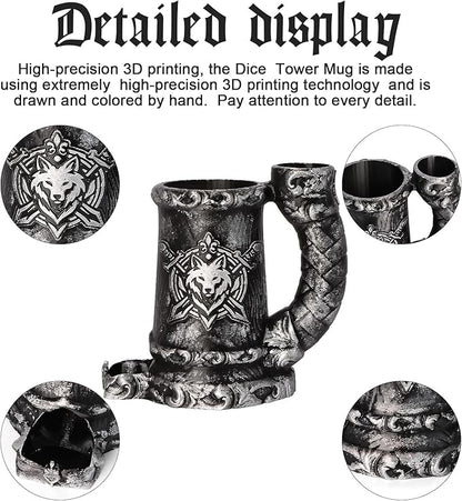 Mug Dice Tower - Dice Rolling Tower,(7PCS D20 Dice Set Included) for DND Gift and Dungeons and Dragon, Tabletop Games, Drink Holder, Tavern Style Board Game Roller (Black)