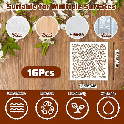 16Pcs Layering Stencils for Painting, 6"x6" Paint Stencils Mixed Texture Bubble Dot Waves Stone Crackle Splatter Geometric Stencil, Stencil for Painting on Wood DIY Art Crafts