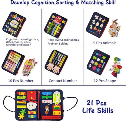 Montessori Busy Board for Boys 1 2 3 4 Year, Sensory Toys for Toddlers 1-4, Ideal for Travel and Preschool - ABCs, 123s, Shapes, Colors, Animals, Weather, Birthday Gifts
