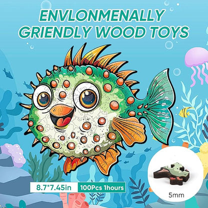 Wooden Puzzles for Kids, 100 Pieces Ocean Puzzle, Unique Fish Shaped Wooden Puzzle, Preschool Puzzle Toys, Give Your Kids/Grandchildren, Suitable for Family Games