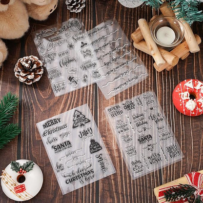 Whaline 4 Sheet Christmas Words Clear Stamps Greeting Words Santa Xmas Tree Pattern Silicone Transparent Stamps Border Stamp Cards for DIY Craft Card Making Scrapbooking Embossing Album Decor