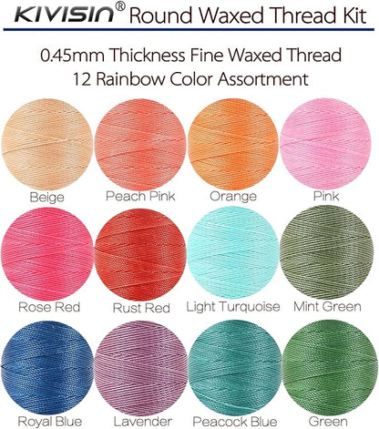 12 Colored Waxed Polyester Thread, 0.45mm Thinner Diameter, 115 Yards/Spool, Wax Coated String Cord for Leather Sewing, Upholstery, Stitching, Binding, Beading, Stringing, and Crafting