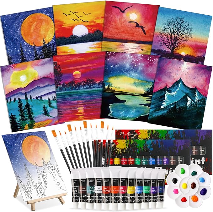 Cholemy 36 Pcs Paint and Sip Kit for Adults 8''x10'' Pre Drawn Canvas for Painting DIY Afro Acrylic Painting Kit Wood Easel Brushes Date Night Bulk for Christmas Party Gifts(Mountain)