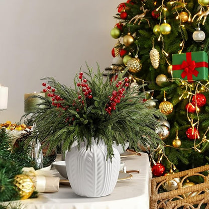 25 Pcs Christmas Norfolk Pine Branches with Red Berry Stems, 19" Extra Long Fake Greenery Norfolk Pine Stems Sprigs, Artificial Xmas Branches Plants Pine Leaves for DIY Craft Garland Home Decor