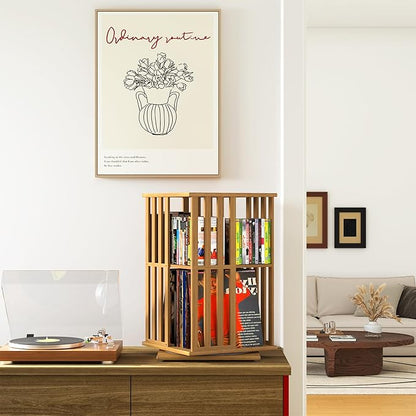 XIMN 360° Rotating Bamboo CD/DVD Shelf - 6-Tier Space-Saving Media Storage Cabinet for Movies, Organizer with Super Compact Design (Nature, 2 Tier)