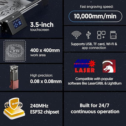 LONGER Laser Engraver Ray5 5000mW Engraver Machine with Air Assist Kit DIY CNC Laser Cutter Tool for Metal Glass Wood Working Area 15.7 "x15.7" with 4-in-1 Rotary Roller Kit