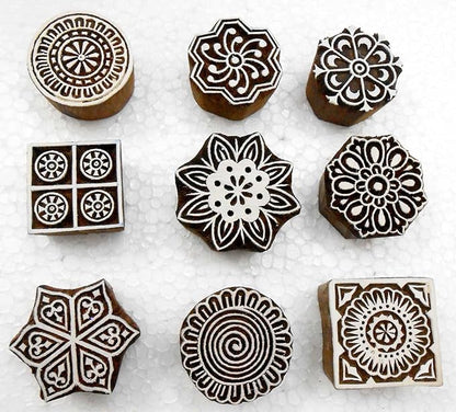 Handcarved Wooden Block Printing Stamps (Set of 9) for Textile Designing/Craft Printing Pattern for Saree/Scrapbookng/Tattoo
