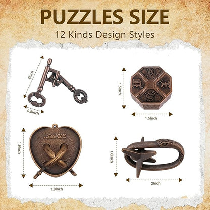 12Pcs Brain Teaser Puzzles for Adults and Teens, 3D Metal Puzzle Set with Various Difficulty Levels, IQ Logic Challenge Disentanglement Game, Fun Handheld Brain Teasers for Focus, Gifts for Boys Girls