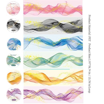 6 Rolls Transparent PET Tape Set,Self-Adhesive Colourful Washi Tape for Scrapbook Supplies Notebook Photo Album Junk Journal Diary Journaling(Flowing Gold)