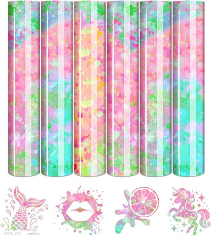 Tintnut Spring Color Splash Heat Transfer Vinyl - 6 Sheets 10"x12"Watercolor HTV Patterned HTV Iron On Vinyl for T-Shirts Hats Clothes,for Cricut & Silhouette Cameo