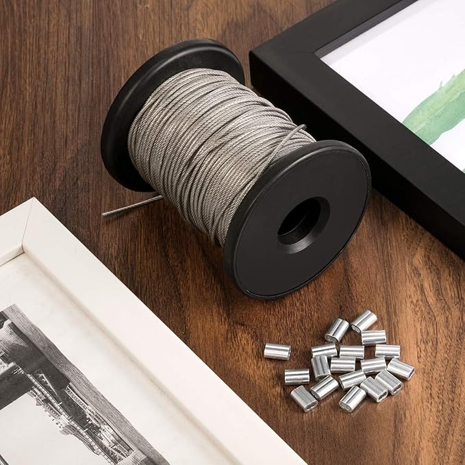 Chengu Vinyl Coated Picture Frame Hanging Wire, Stainless Steel Wire Spool with 20 Pieces Aluminum Crimping Loop Sleeve, Supports up to 110 Lbs (1.5 mm x 98 Feet) (Pack of 2)