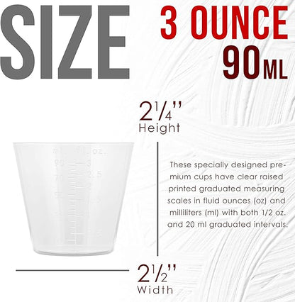 Pouring Masters 3 Oz (90 ml) Liquid Measuring Cups - Plastic Graduated Cup (100 Pack) with 25 Sticks - Reusable Mixing Cups for Paint, Craft, Kitchen, Lab, Medical Supplies, Epoxy Resin, Art