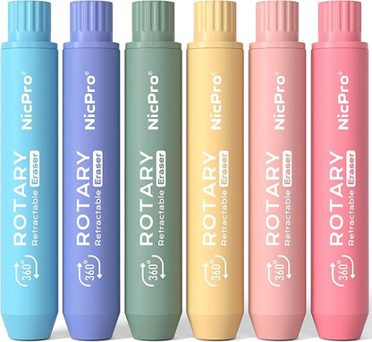 Nicpro 6 Pack Rotary Retractable Erasers Pen Style, Aesthetic Pastel Twist Erasers in Rainbow Colors, Clean Erasing TPE Eraser for School Supplies, Office, Drawing & Journaling