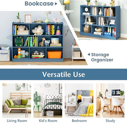 Toy Storage Organizer, 2-Tier Kids Bookshelf, 5 Cube Kids' Bookcases, Cabinets & Shelves, Wooden Toy Organizers, Small Book Shelf for Bedroom, Playroom, Classroom, Nursery (Blue, 3-Tier)