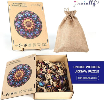 Wooden Puzzles for Adults, Mandala Jigsaw Puzzles 200 Piece, Unique Shapes Family Reunion Puzzle, Exquisite Packaging, Best Gift for Adults and Kids, Family Game, 11.2x11.2 in