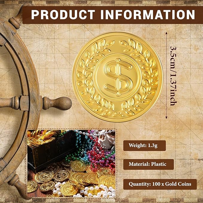 Hanaive 100 Pcs Plastic Gold Coins Fake Pirate Play Coins Spanish Doubloons St. Patrick's Toy for Kids Pirate Party, Treasure Hunt Board Game and Party Favors(Classic)