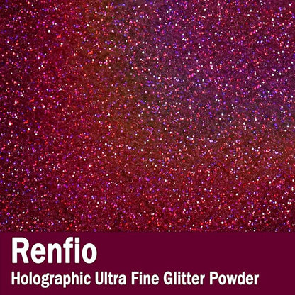 Renfio Holographic Ultra Fine Glitter Powder Metallic Resin Glitter 2.11 Oz (60g) PET Flakes Crafts Sequins 1/128" 0.008" 0.2mm Epoxy Chips Flakes for Tumblers Slime - Laser Deep Pinkish