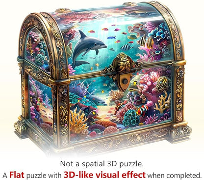 Wooden Puzzles for Adults, Treasure Chest Ocean Wooden Jigsaw Puzzle Unique Shape Animal Wood Puzzles Adult 3D Visual Effect, Birthday Gifts for Puzzle Lovers Family Games (M-11.4 * 11in-190pcs)