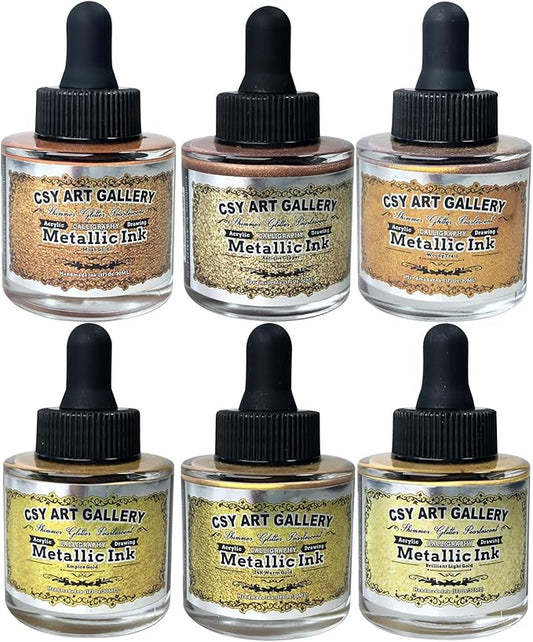 CSY art gallery Metallic Acrylic Paint Ink-Water Resistant Drawing Inks Set-24K Gold Alcohol Ink-Mica Paint for Resin, Rock,Markers Refill,Wood,Crafts (Fallen Leaves Starlight Set)