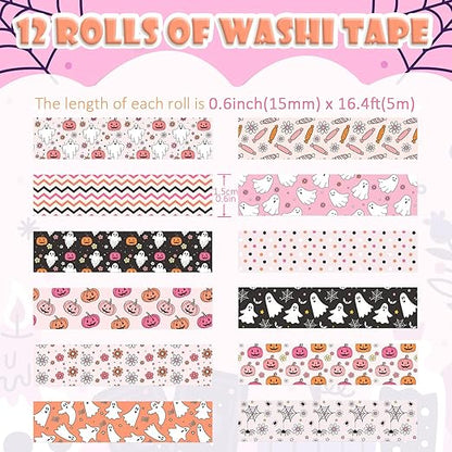 12 Rolls Halloween Washi Tape, Cute Ghost Pumpkin Spiders Masking Tape Boho Holiday Decorative Tapes Set for Scrapbooking, DIY Crafts, Party Decor 16.4FT