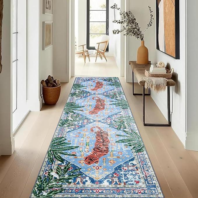 Oriental Tropical Hallway Runner Rug 2x6 Washable, Thin Stain Resistant Blue Boho Runner Rug for Entryway Kitchen Bedroom Laundry, Vintage Abstract Hippie Indian Botanical Long Floor Carpet