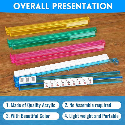 Clear Mahjong Racks with Pushers,4 Colors Acrylic American Majiang Tile Racks,Imports Modern Mahjong Racks with Built-in Pushers- Set of 4