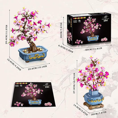HOGOKIDS Flowers Cherry-Blossom Bonsai Building Set - 2 in 1 Artificial Bonsai Tree Plants for Home Decor & Display Cherry Botanical Flowers Building Toy Birthday Gift for Adults Teens (775PCS)