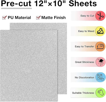 HTVRONT Silver Glitter HTV Heat Transfer Vinyl Bundle: 13 Pack 10" x 12" Iron On Vinyl for T-Shirt, Cricut, Silhouette Cameo or Heat Press Machine
