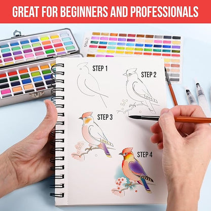 Premium Watercolor Paint Set Bundle with 100 Bright Colors & Paper Pad for Beginners & Professional – Painting Kit & Art Supplies for Adults – Travel Watercolor Set with Metallic Watercolor Paints