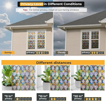 Window Privacy Film Rainbow Film Stained Glass 3D Static Cling Decorative Window Sticker for Bathroom,Front Door,Home Heat Control UV Blocking Non Adhesive,Diamond Grid 17.5 x 78.7 inches