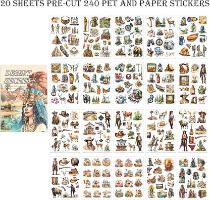 Egypt Travel Scrapbook Stickers 20 Sheets 240 Pre-Cut Washi Stickers PET Transparent Desert Book Sticker for journaling Decorative or DIY Paper Crafts Arts and Crafting Projects
