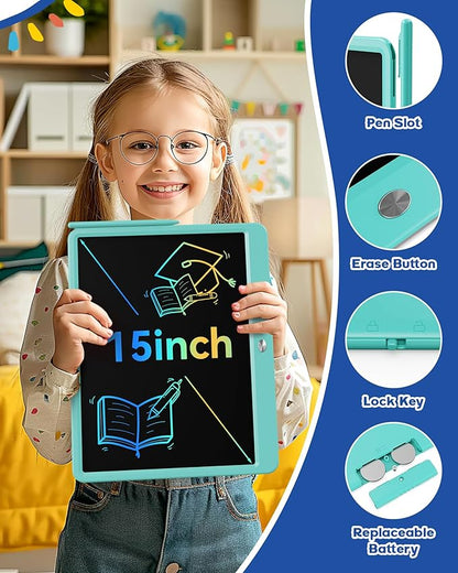 Bravokids 15 Inch LCD Writing Tablet for 3 Year Olds - Electronic Drawing Pad and Doodle Board as Educational Birthday Gifts for Girls and Boys (Blue)