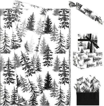 100 Sheets Christmas Tree Tissue Paper, 20x14in Forest Style Wrapping Tissue Watercolor Xmas Tree Art Tissue for Xmas Party Gift Bag Fillers Winter Party Decor (Black)