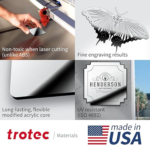 Trotec | Metallic Looking Acrylic Sheet | 12"x20"x1/16, 4 Pcs | Bright Chrome/Black | Metallic Finish - Scratch Resistant for Laser Engraving & Cutting,Printing,Glowforge,Name Plate | USA Made