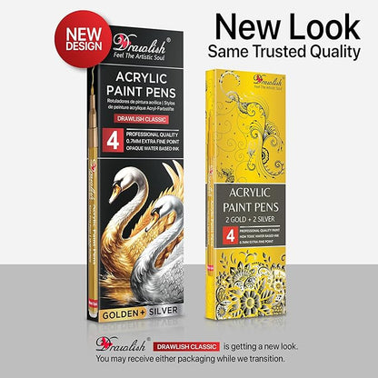 Acrylic Paint Pens - Permanent Markers 2 Gold Pens & 2 Silver Paint Marker Pen Set of 4 Acrylic Pen 0.7mm Extra Fine Tip - Ideal for Rock Painting, Fabric, Glass, Wood, Canvas, Ceramic, Porcelain