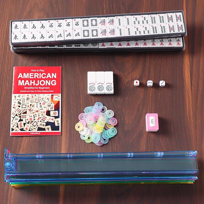 ZGME American Mahjong Set,166 White Tiles with Red Bag and Accessories,4 All-in-One Mahjong Racks with Pushers,Complete Western Mahjong Set